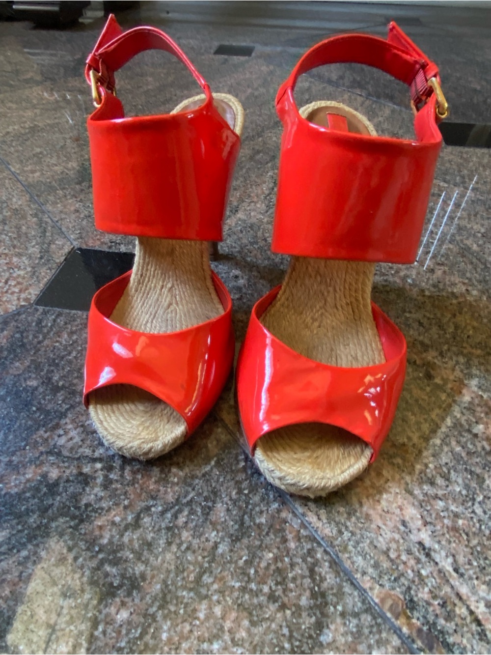 BCBGMaxAzria Red Patent Espadrille Wedge Sandals